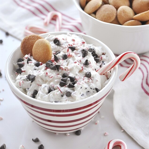 bowl of peppermint bark dip