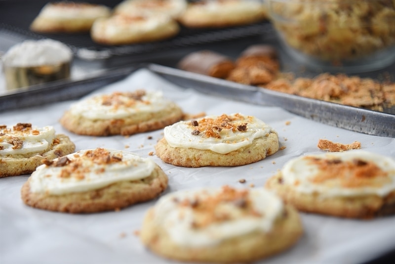 candy bar cookies on a baking sheet