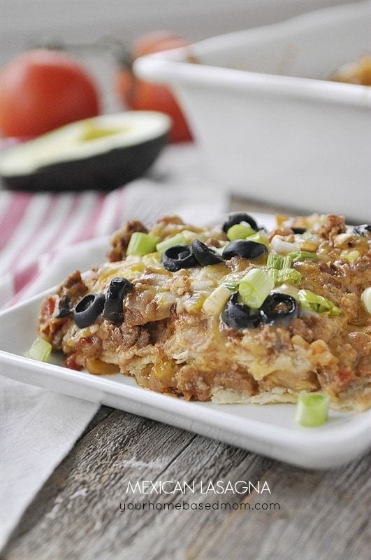 mexican lasagna on a white plate