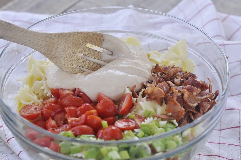 BLT Pasta Salad Ingredients in a bowl