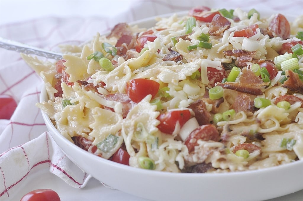 bowtie pasta with bacon tomato and green onion