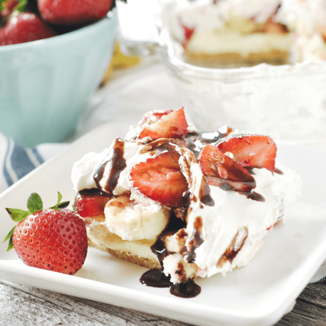 slice of no bake banana split dessert