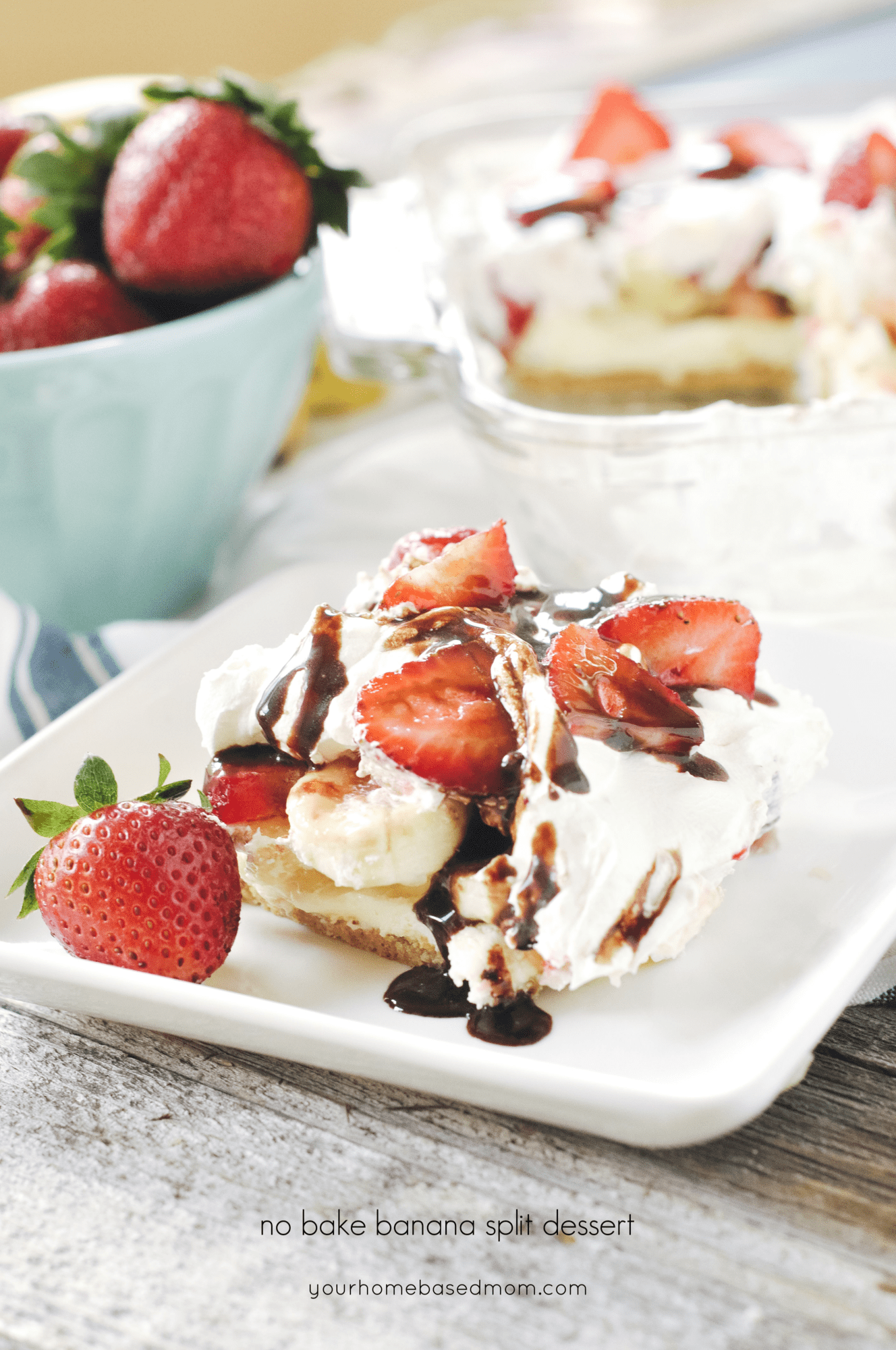 slice of no bake banana split dessert