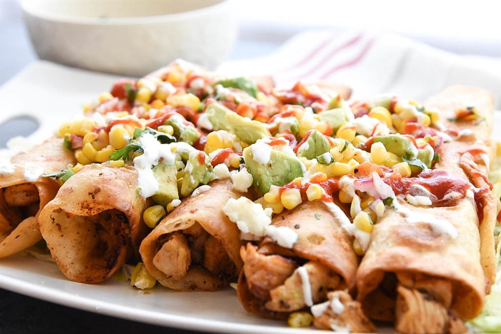 Chicken Flautas with corn salsa