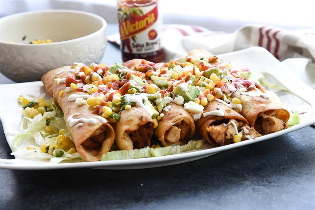 Chicken Flautas with corn salsa