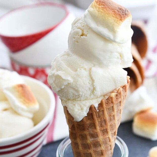 two scoops of marshmallow ice cream in a cone