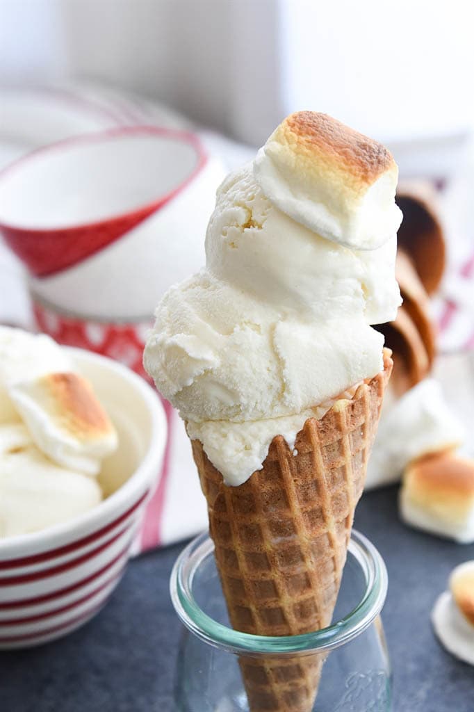 two scoops of marshmallow ice cream in a cone