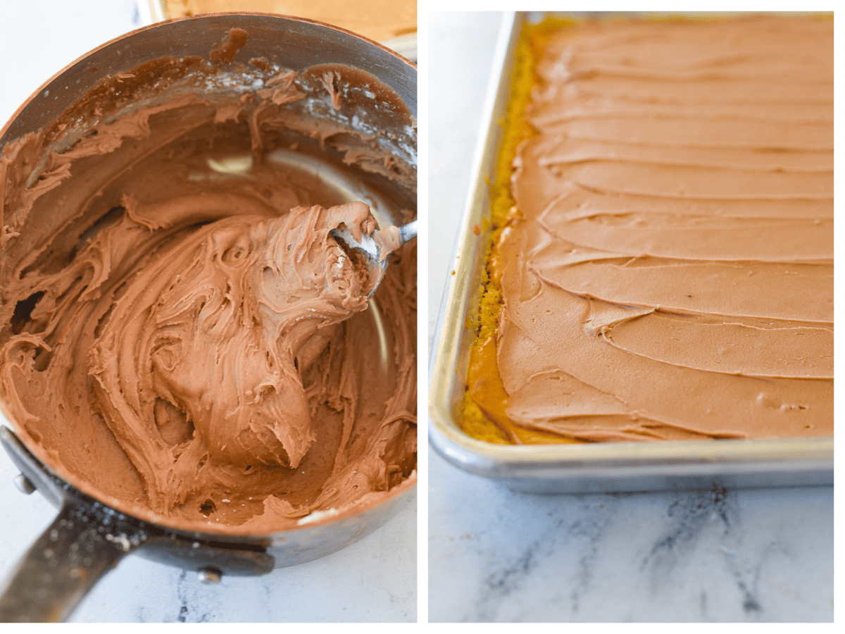 chocolate frosting for peanut butter bars in a pan
