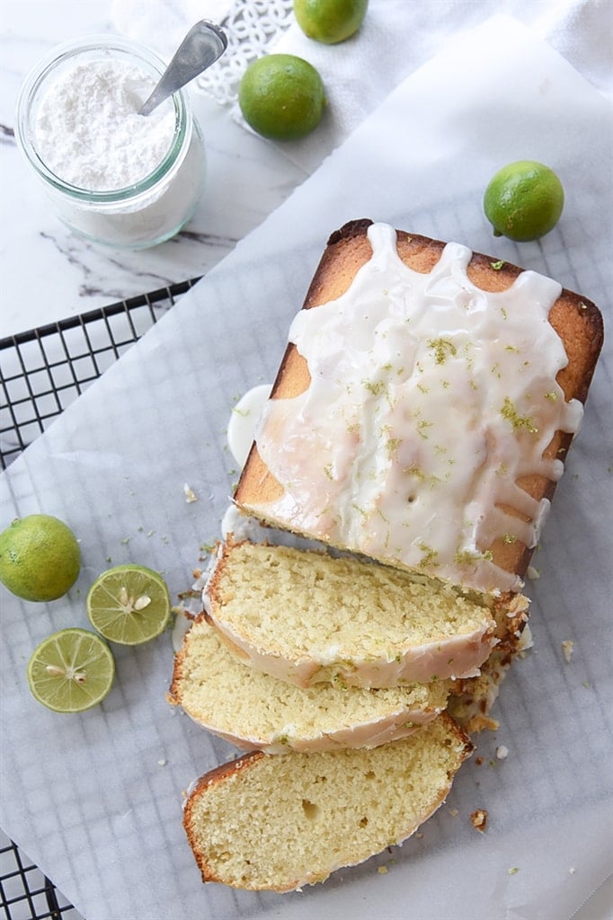 overhead shot of sliced key lime bread with glaze on top