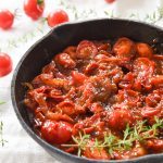 cast iron skillet of tomato relish