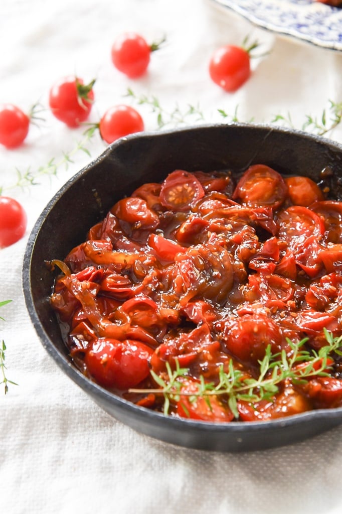 cast iron skillet of tomato relish