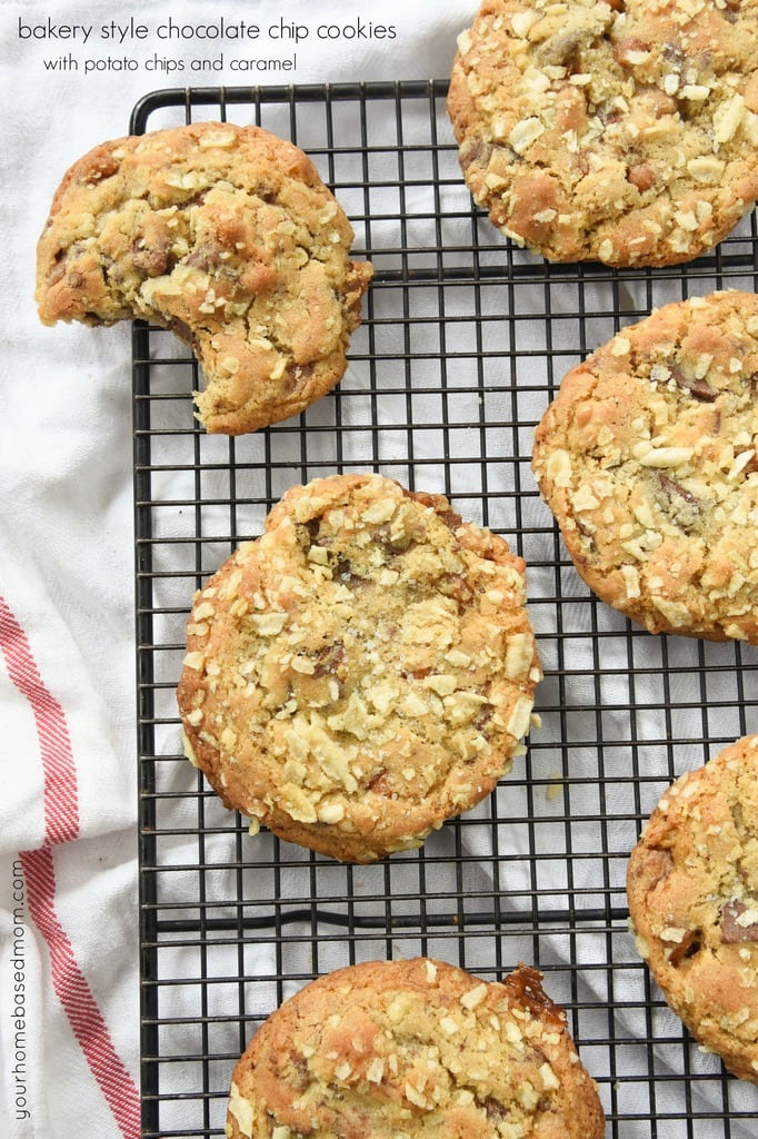 bakery style chocolate chip cookies on a cooling rack