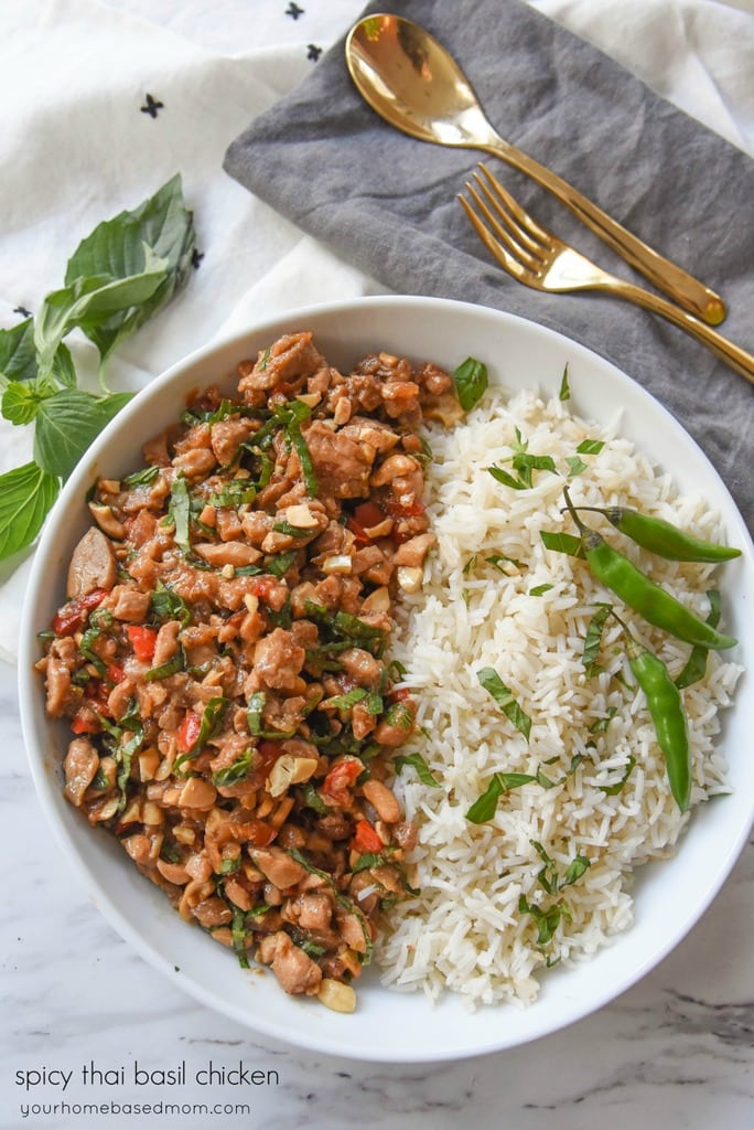 bowl of Spicy Thai Basil Chicken and rice