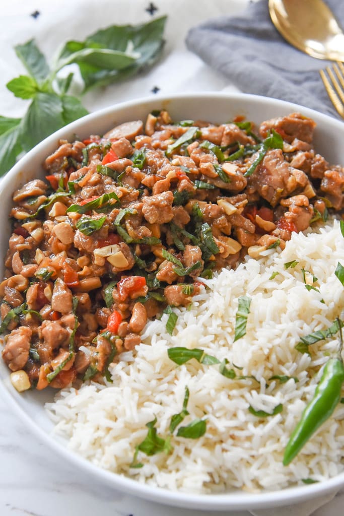 Spicy Thai Basil Chicken and rice in a bowl