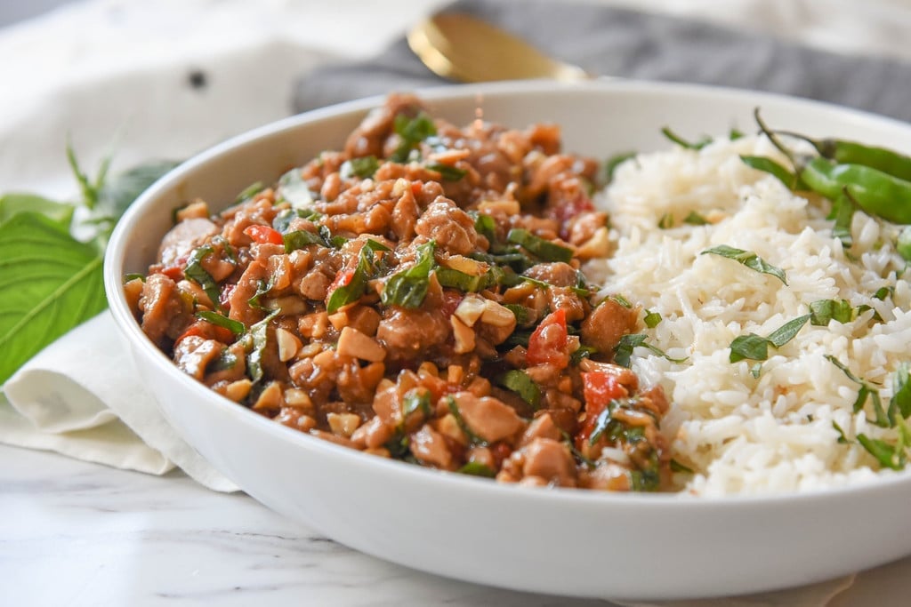 close up Spicy Thai Basil Chicken bowl