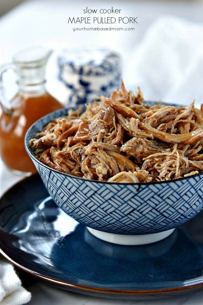 shredded pork with maple glaze in a blue bowl