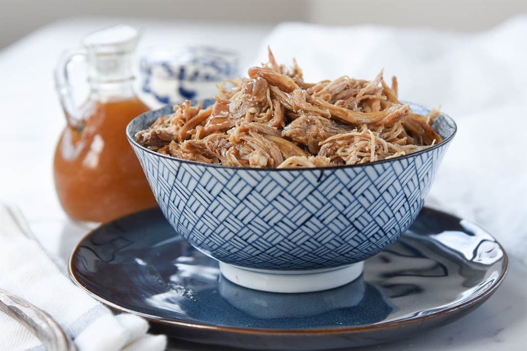 bowl of shredded maple pulled pork