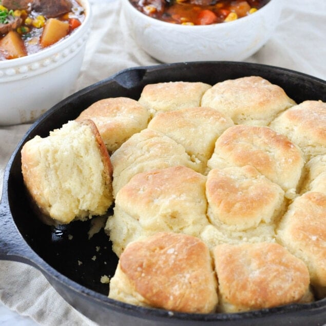 Cast iron skillet butter topped drop biscuits