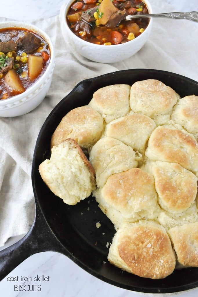 Cast iron skillet butter topped drop biscuits