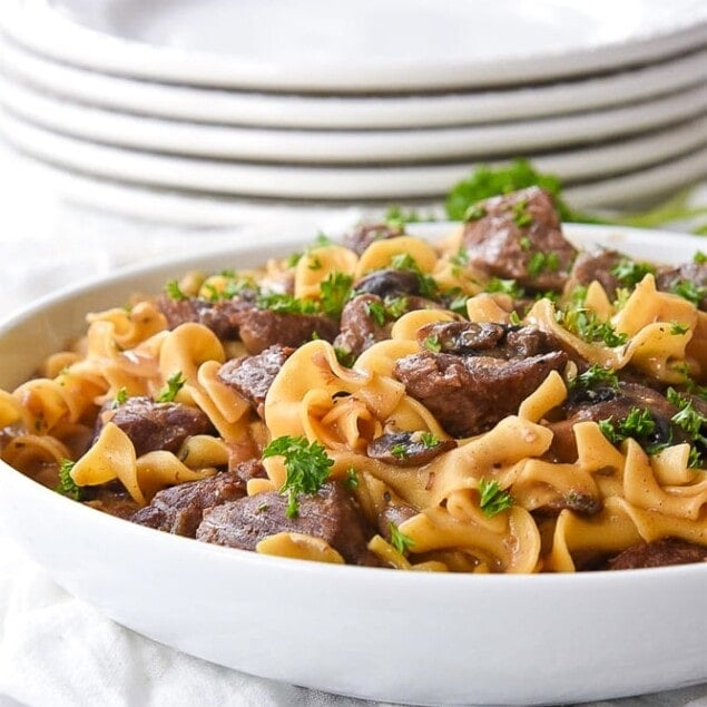 bowl of instant pot beef stroganoff