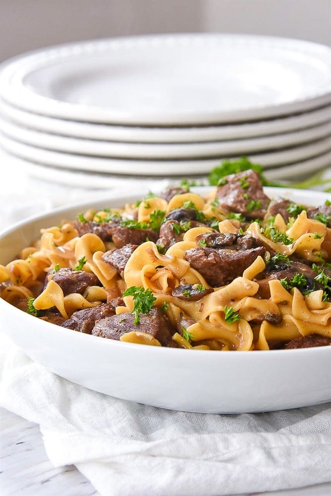 bowl of instant pot beef stroganoff