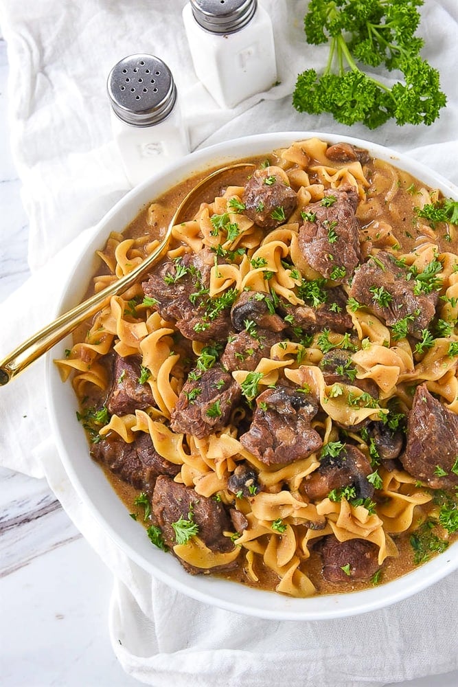 overhead shot of bowl of beef stroganoff