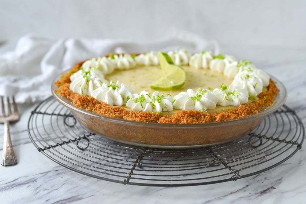 side view of a key lime pie