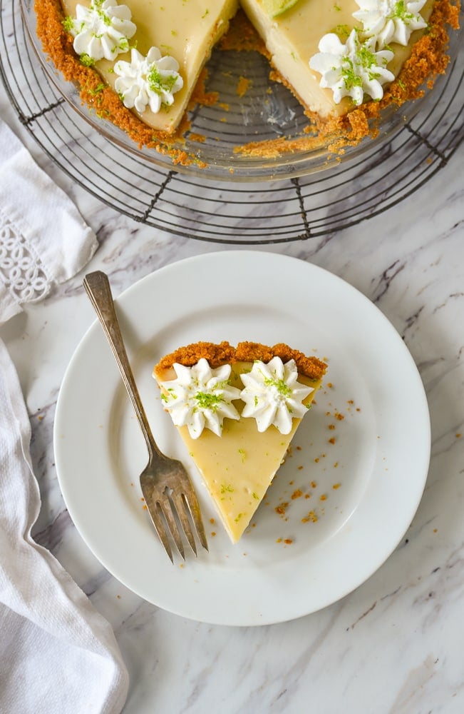 overhead shot of slice of key lime pie