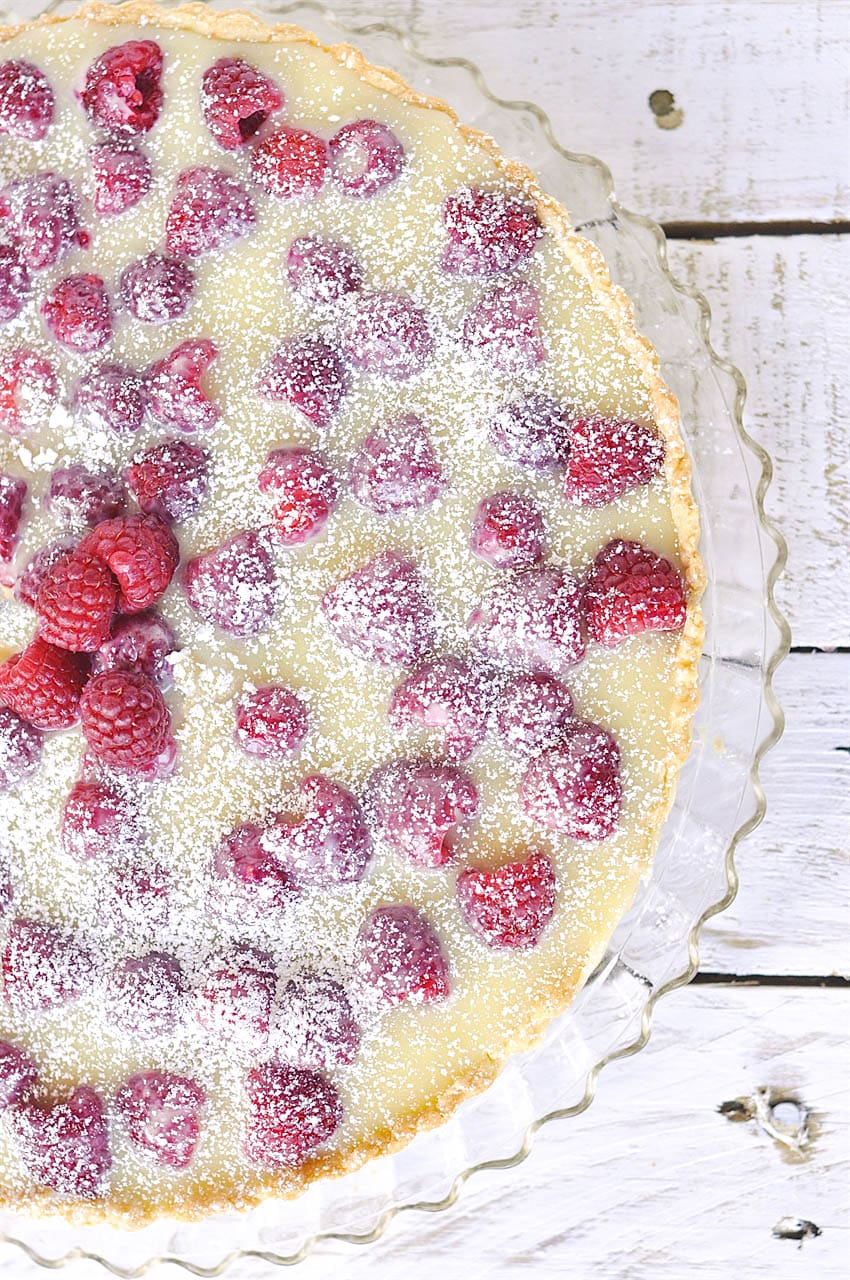 overhead shot of raspberry tart