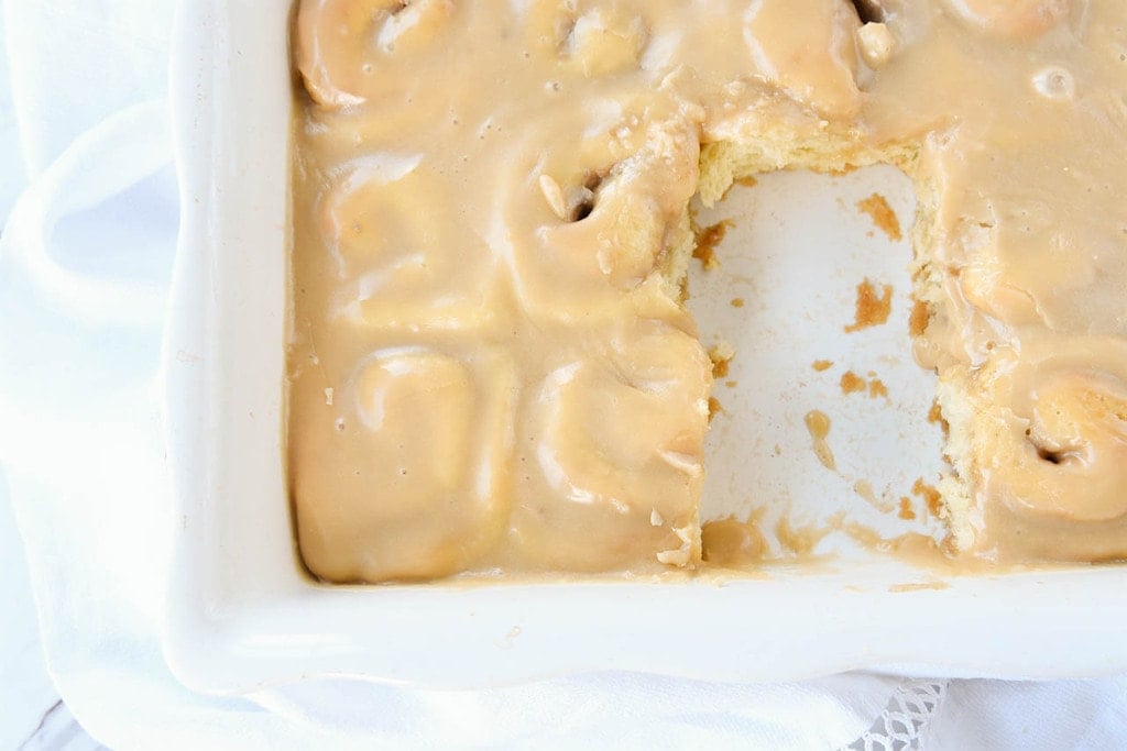 Vanilla Pudding Cinnamon Rolls with Caramel Frosting