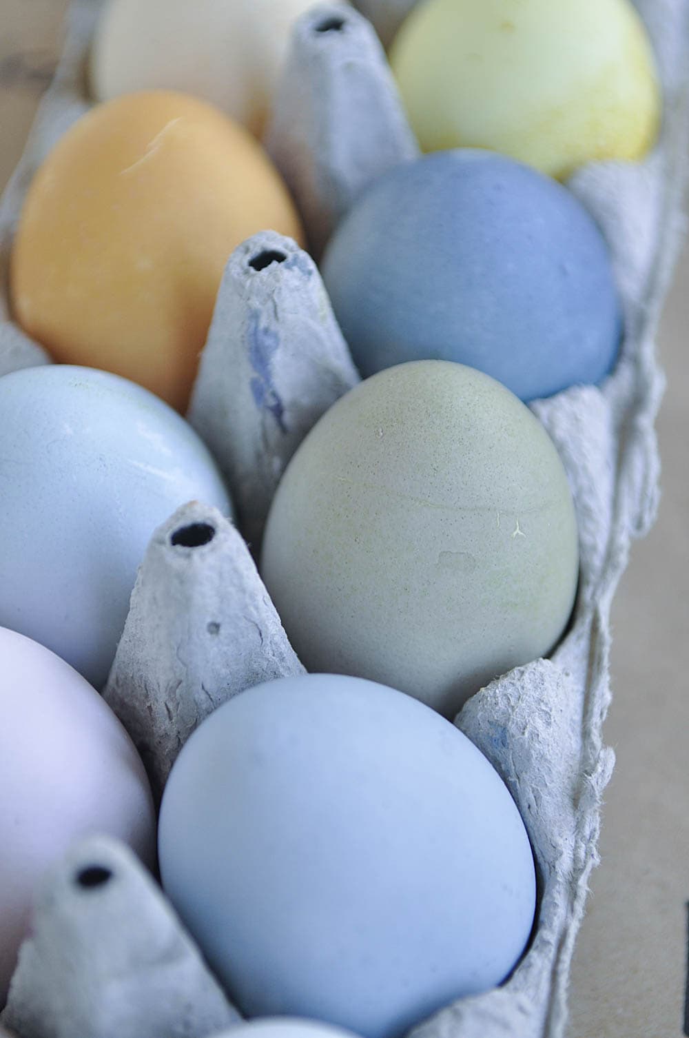 dyed easter eggs in egg carton