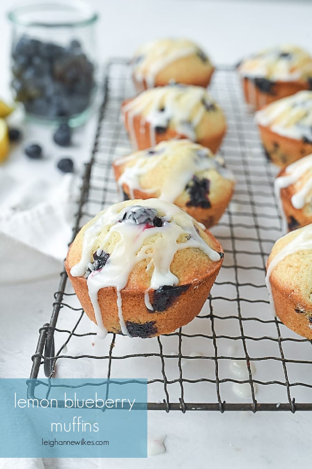 lemon blueberry muffins on a cooling rack