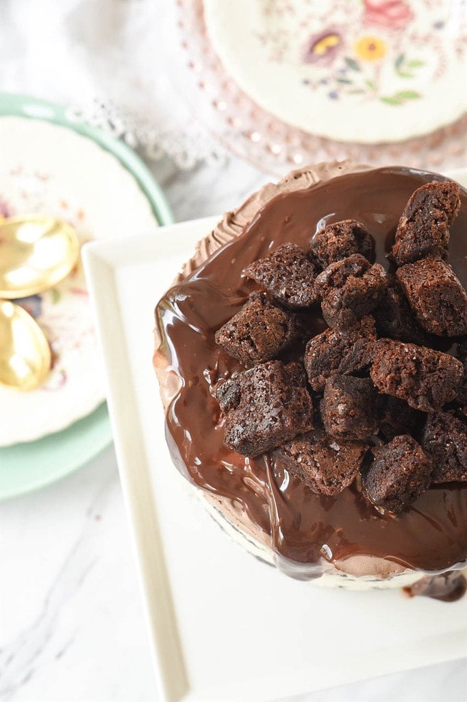 Brownie and hot fudge topped Ice Cream Cake