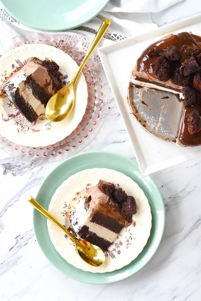 serving a slice of Brownie Ice Cream Cake