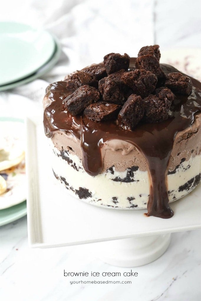 Brownie Ice Cream Layered Cake Topped with Hot Fudge