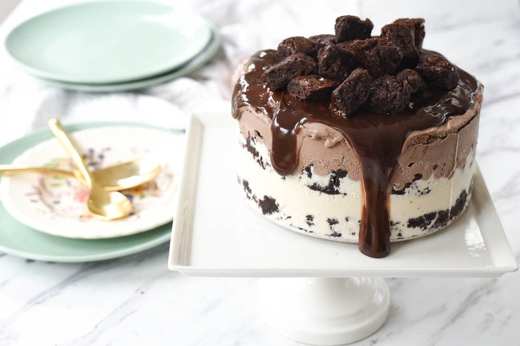 Brownie Ice Cream Cake on a cake stand