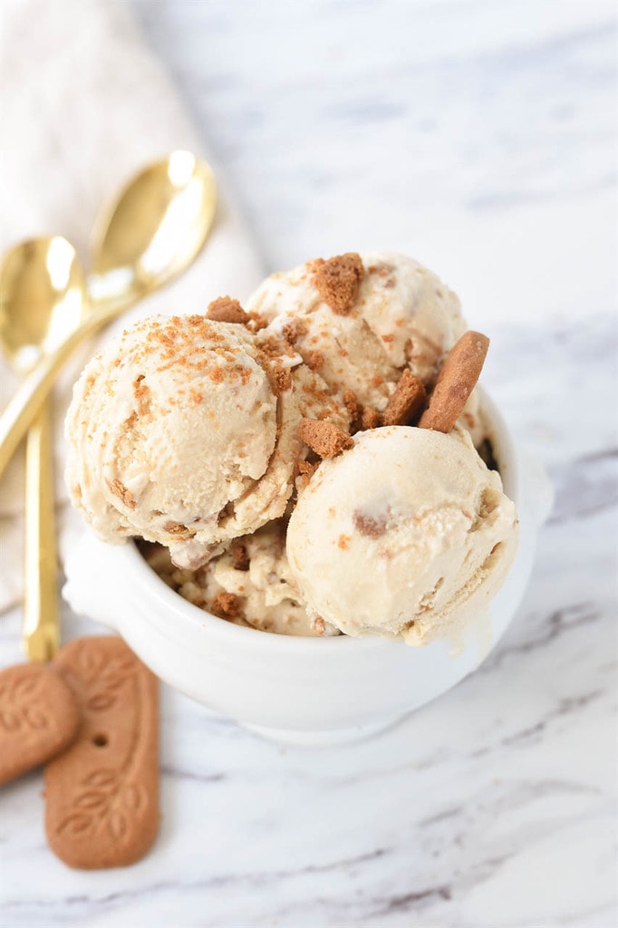 biscoff ice cream scooped in a bowl