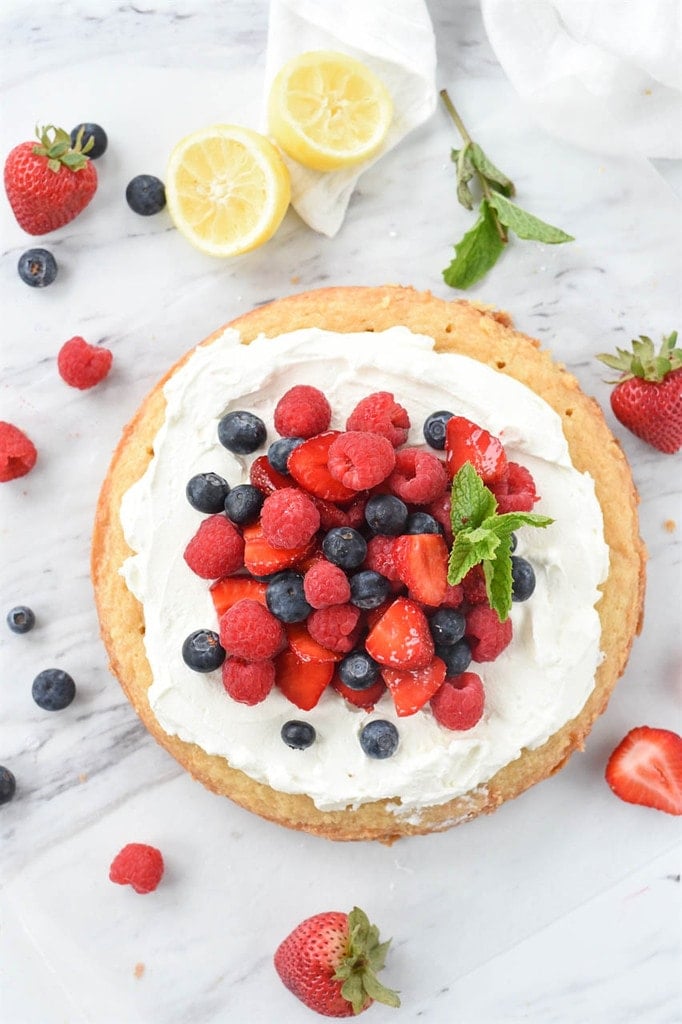 LEMON pound cake with fresh berries and whipped cream