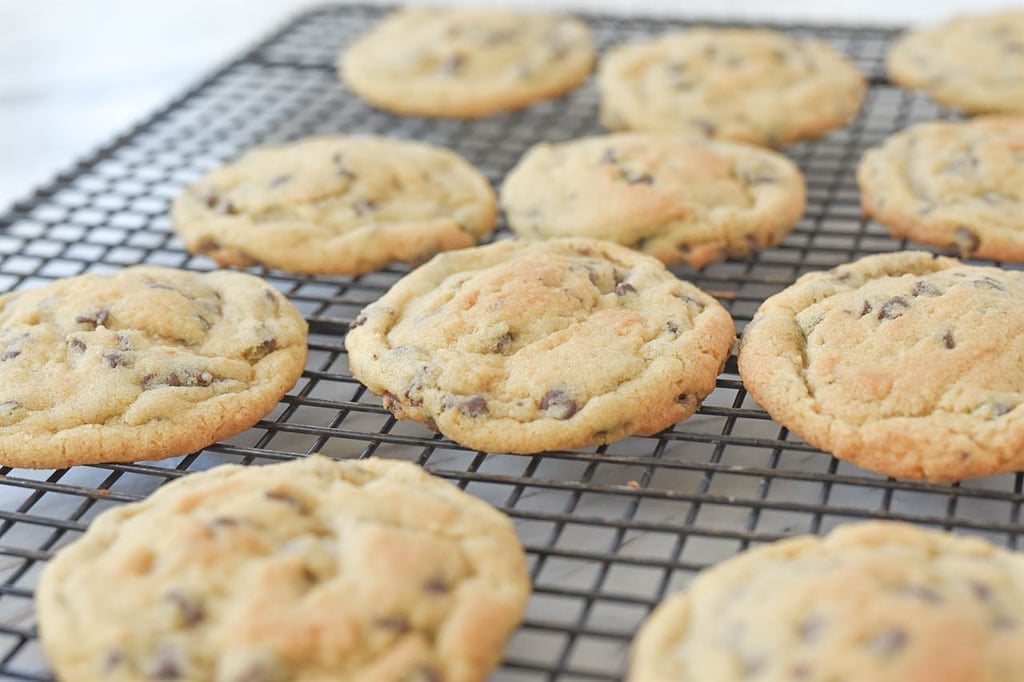 chocolate chip cookies cooling on a rack