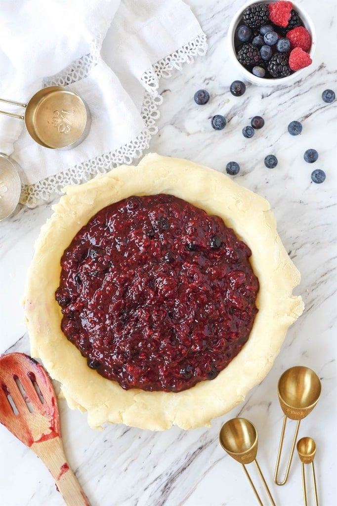 Razzleberry Pie filling in crust ready for the oven