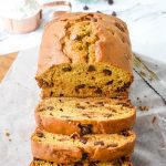 sliced loaf of pumpkin chocolate chip bread