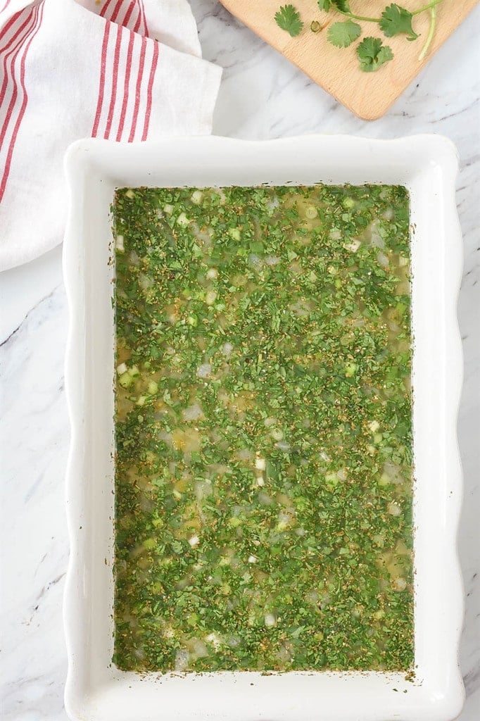 Green Chile Rice ingredients in a baking dish