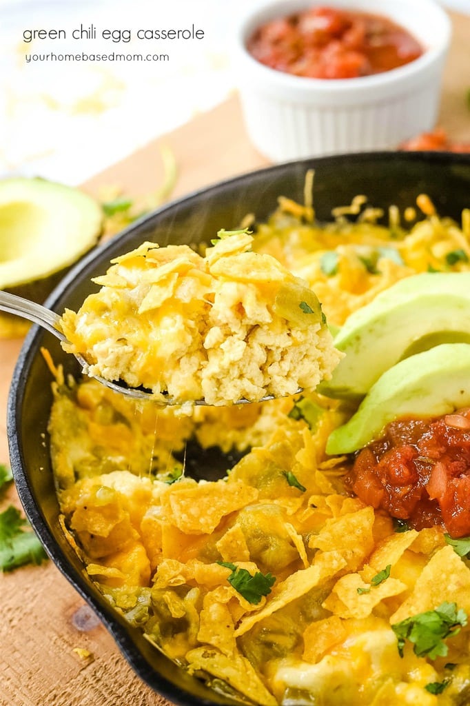 Green Chili Egg Casserole in a cast iron skillet