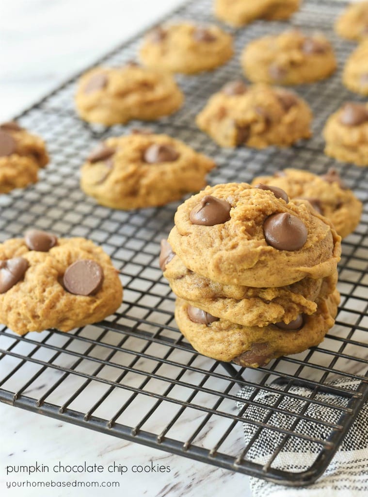 pumpkin chocolate chip cookies cooling on a rack