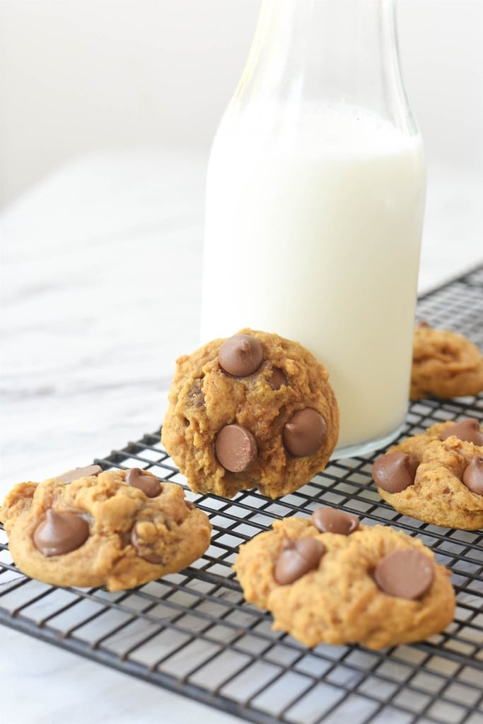 Pumpkin Chocolate Chip Cookies leaning on a glass milk bottle