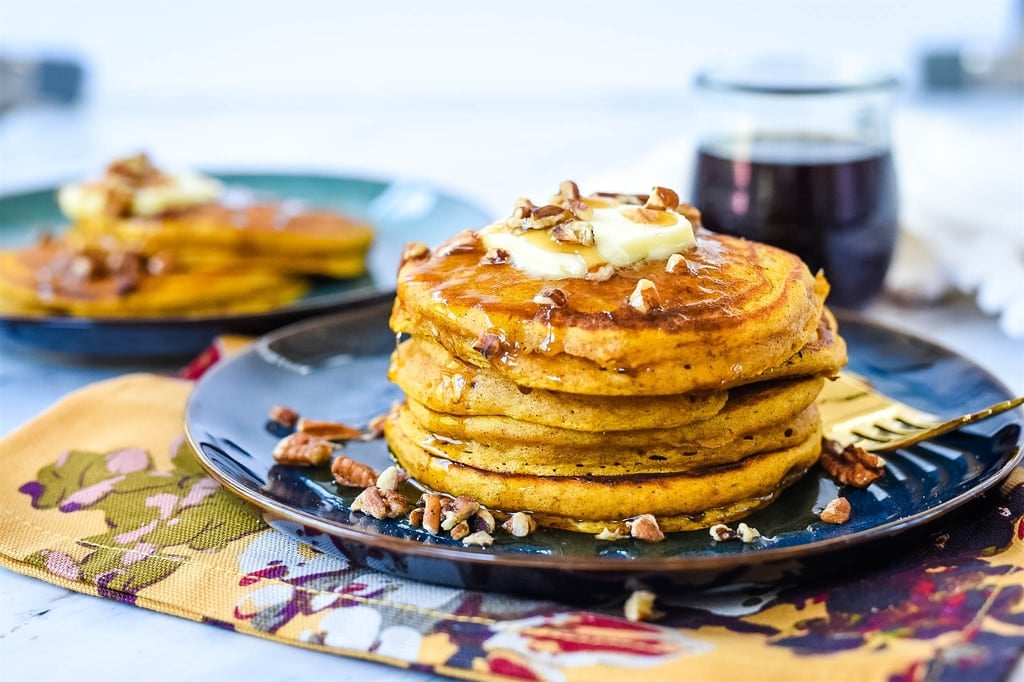 stack of pumpkin pancakes