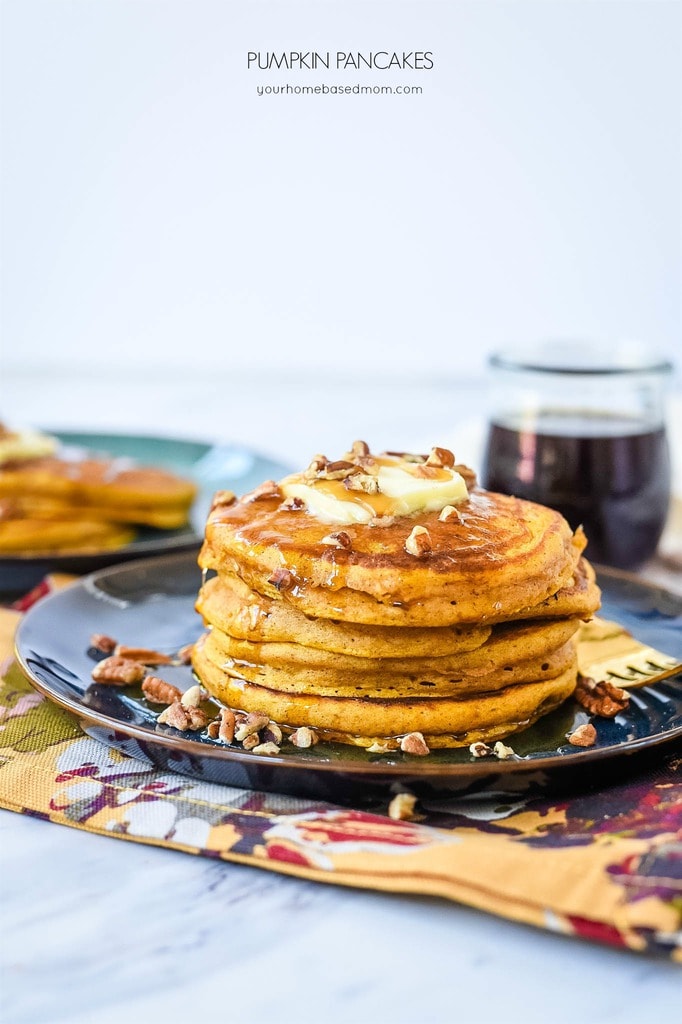 Pumpkin Pancakes with syrup and pecans