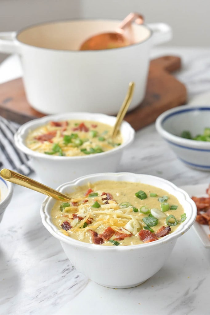 two bowls of Broccoli Cheese Soup