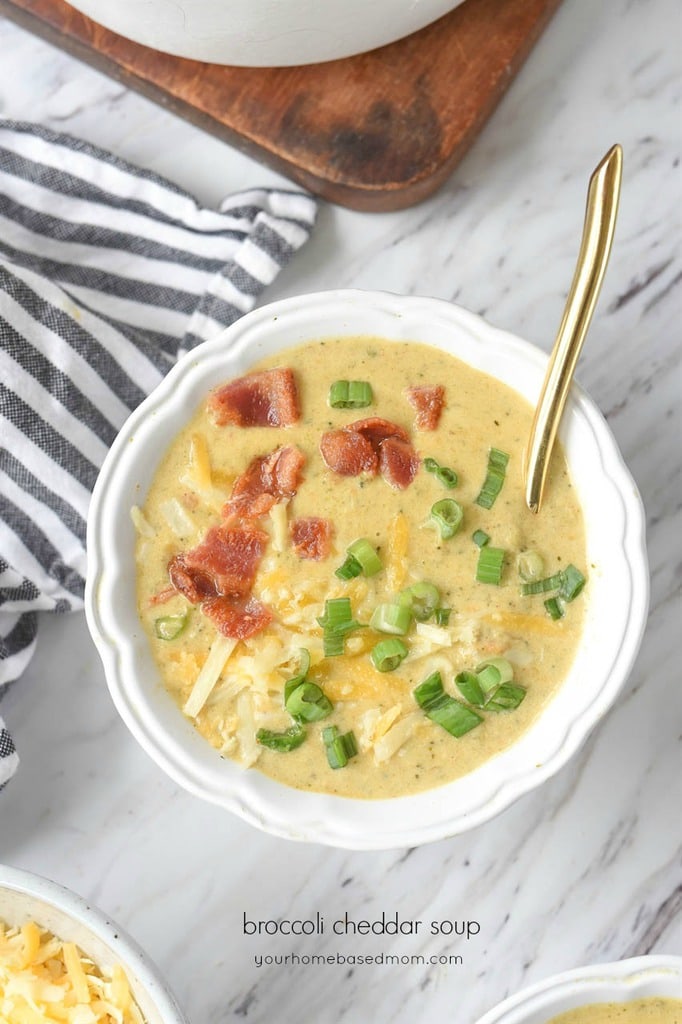 Broccoli Cheese Soup topped with bacon and green onions