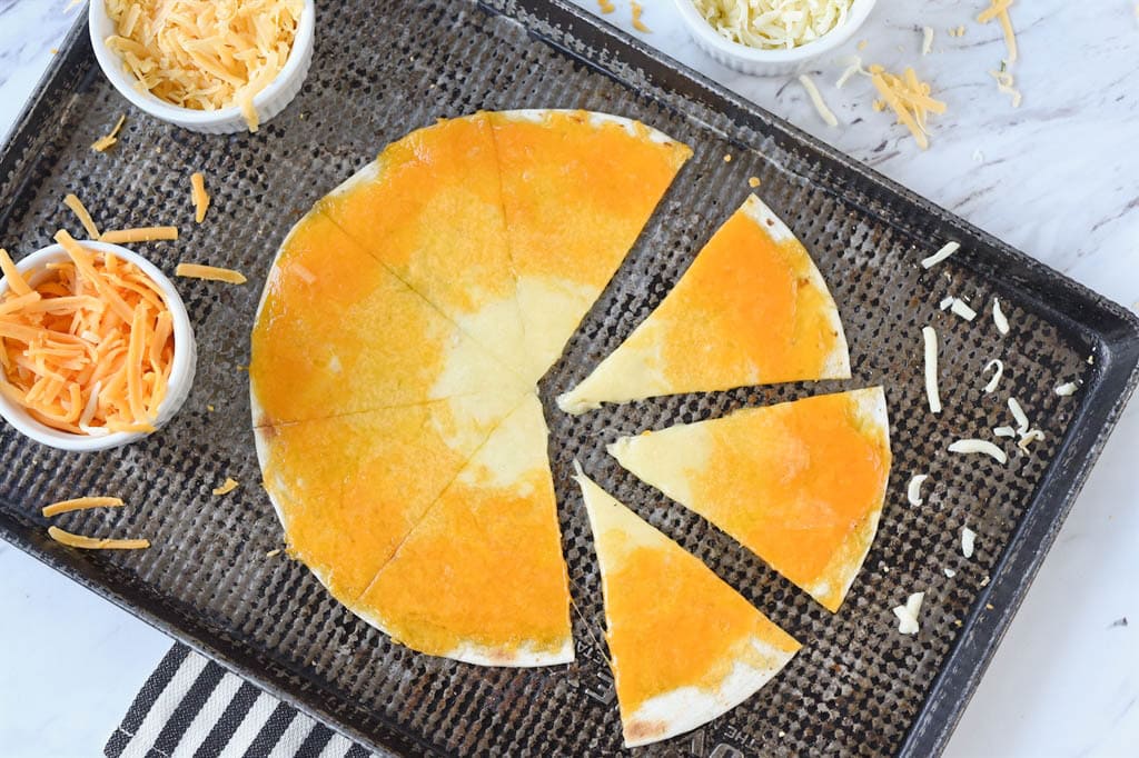 Candy Corn Quesadilla on a baking sheet